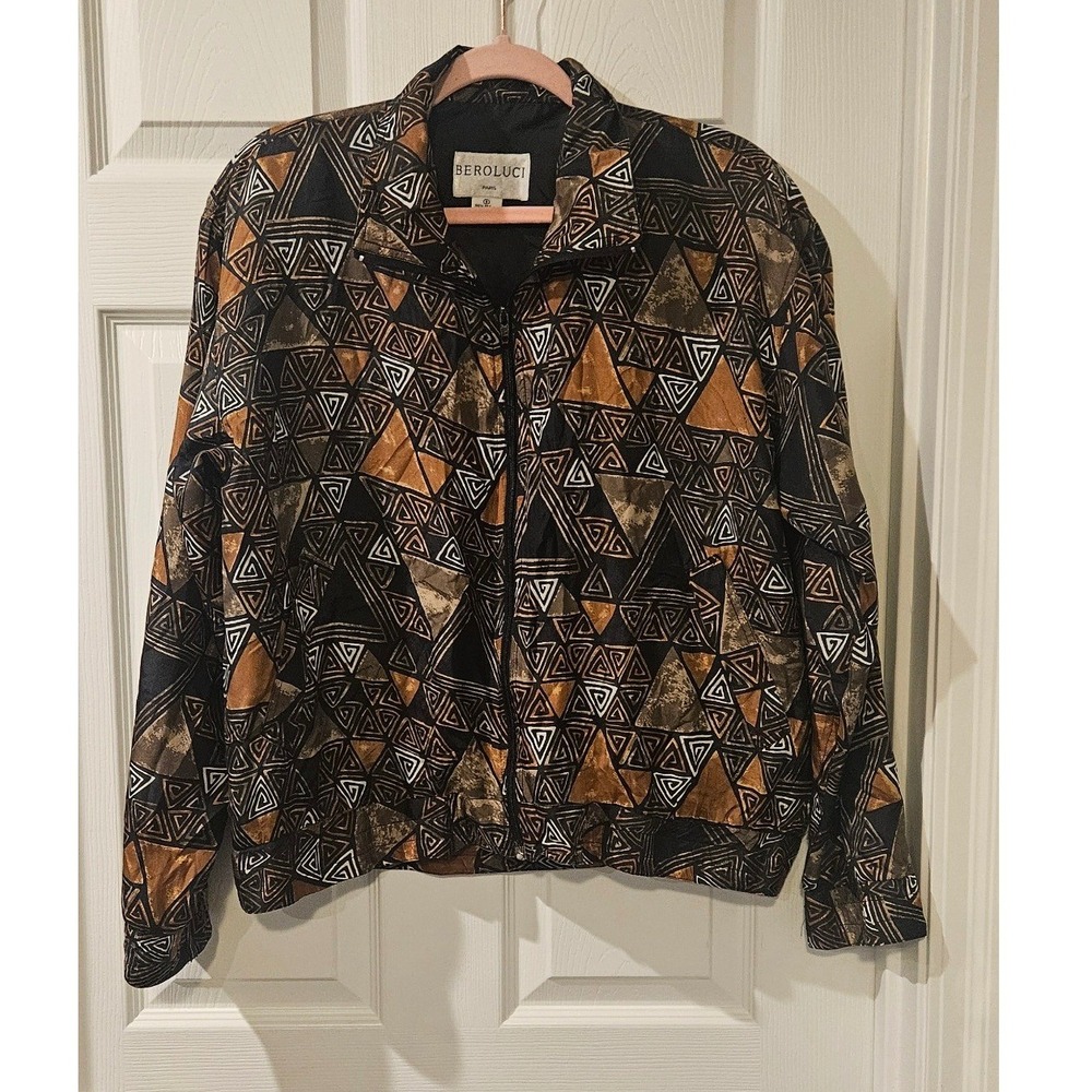 Vintage 100%‎ Silk Jacket Geometric Tribal Print 90s Lightweight Blazer Womens S